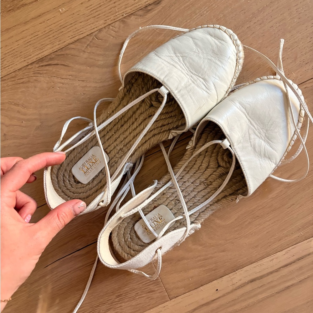 White Leather Espadrille Lace-Up Flats - Women